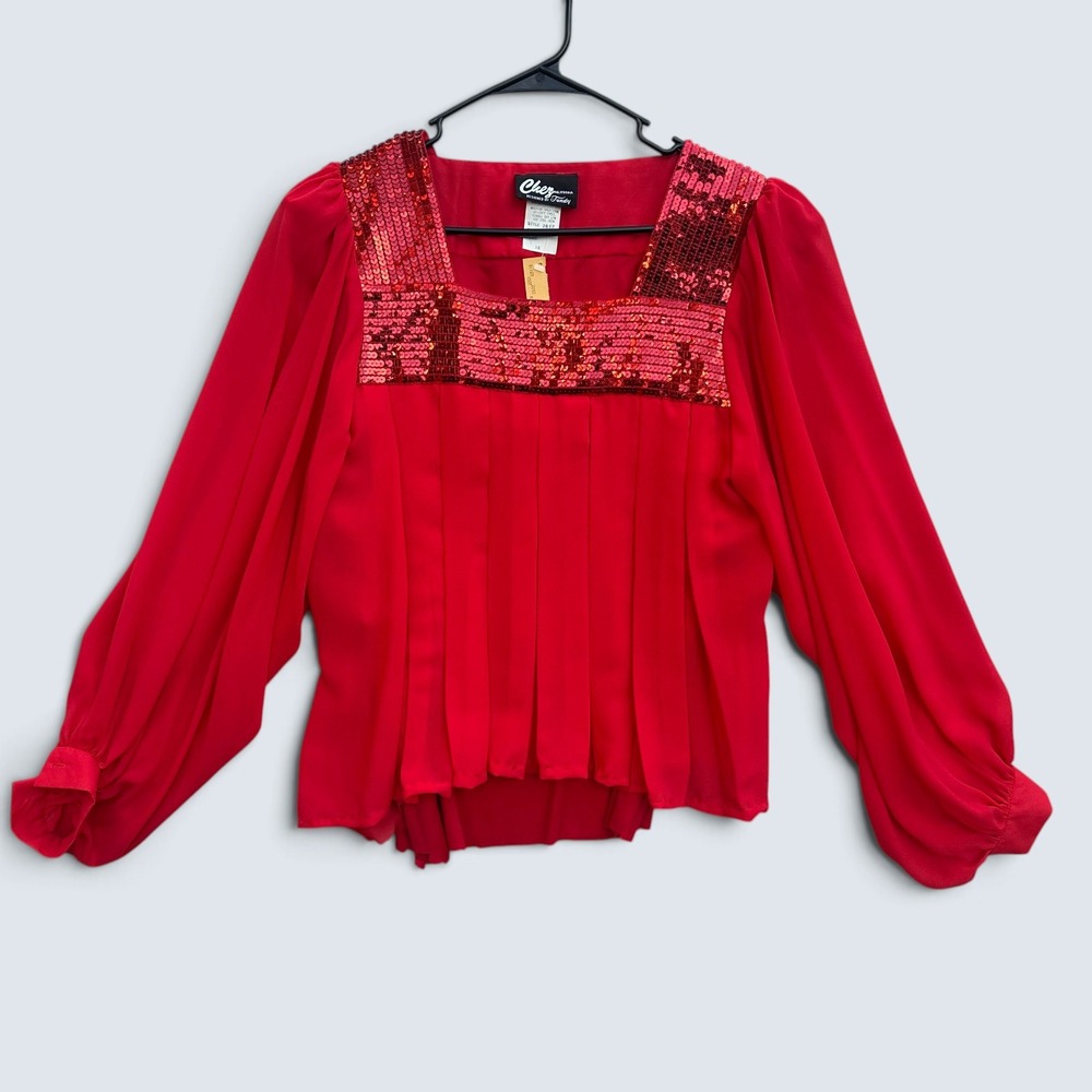 Vintage Chez California Red Sequin Pleated Blouse Size 16 Bishop Sleeve Party